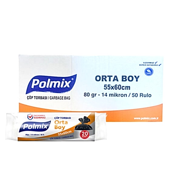 Polmix P102 Çöp Torbası Orta Boy 55 x 60 cm 20 Adet - Siyah (50 Adet) resmi